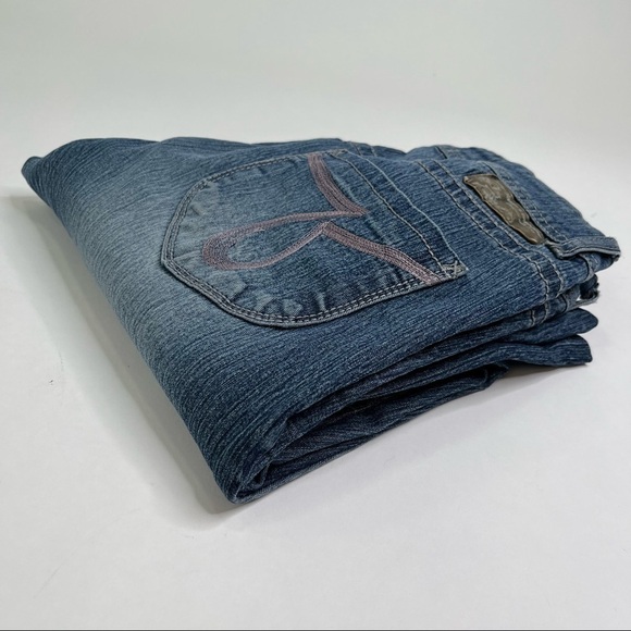 VINTAGE Y2K Foxy Jeans Farrah Super Flare Jean Blue Medium Washed Whisker Jeans - Picture 13 of 16